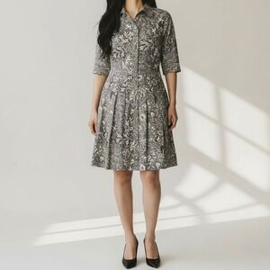 Patty Kim Classic Fit & Flare Midi Shirt Dress Gray Floral‎ Tailored Size Medium